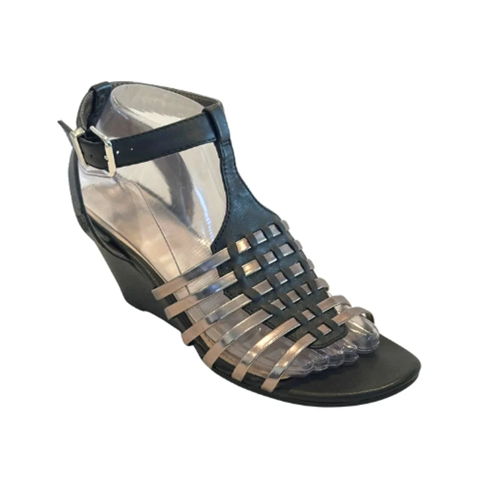 Sam & Libby Black Silver Strappy Wedge Sandals Size 8.5